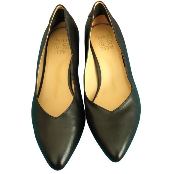 Naturalizer Black Leather Pumps Mid Heel Low Block Pointed Toe 7W Wide Work - Picture 2 of 7
